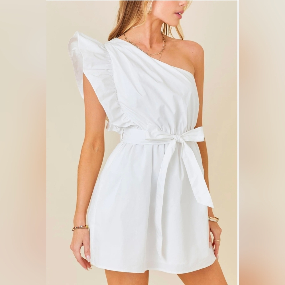 Day Moon: One ShoulderPoplin Mini Dress with sleeve..